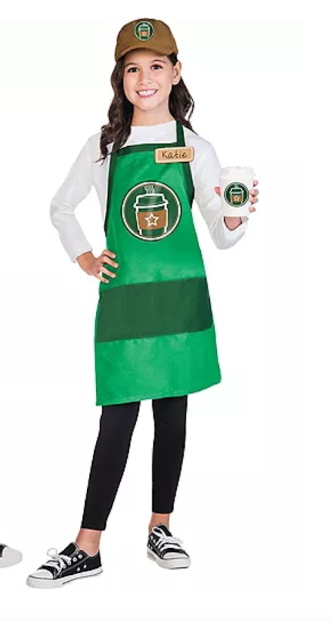 Girl dressed up as a coffee shop barista 