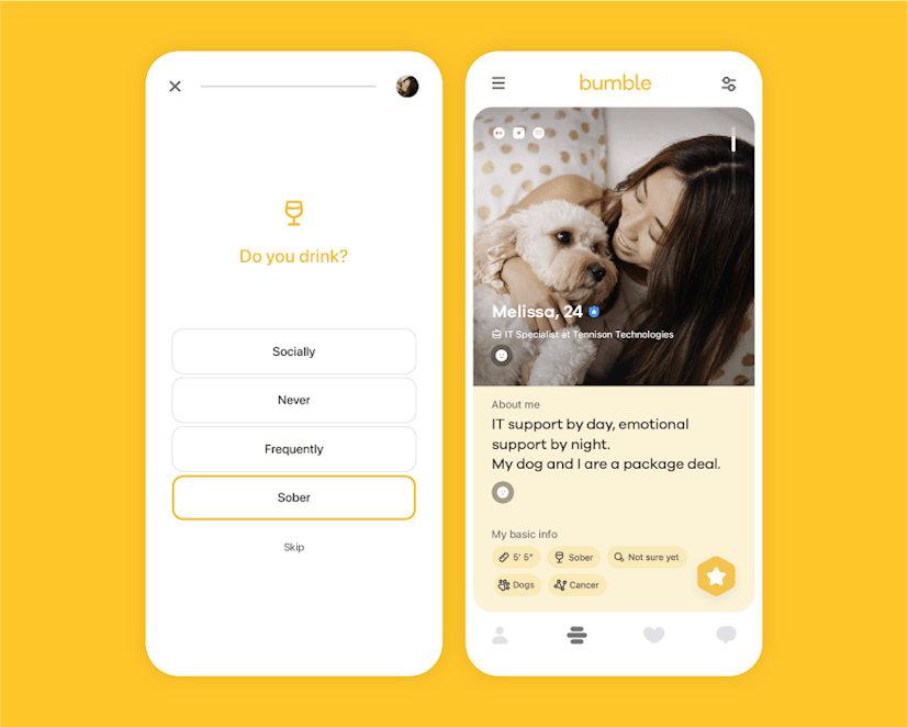 Bumble's giving users the option to add a "Sober" badge on their profiles.