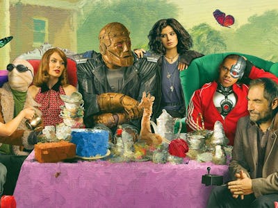 Painting of all members of Doom Patrol sitting at a table 