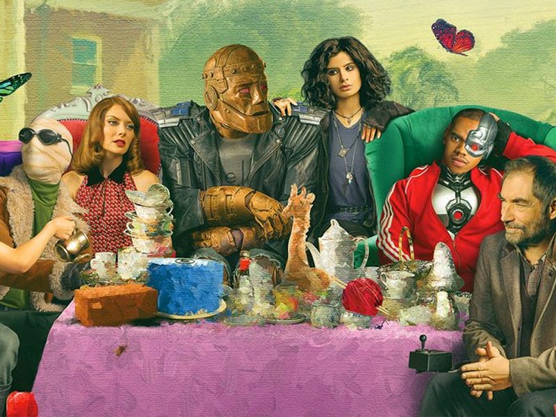 Painting of all members of Doom Patrol sitting at a table