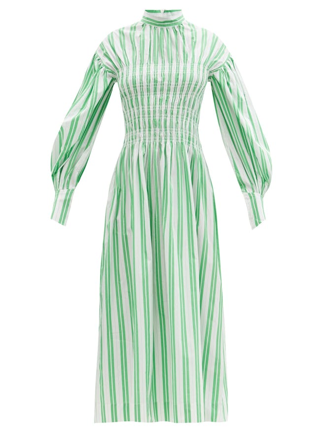 Smocked-Bodice Striped Cotton-Poplin Midi Dress