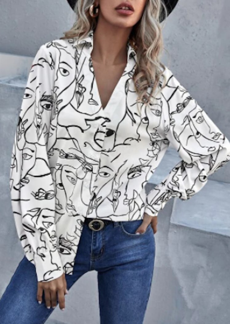 Allover Figure Graphic Button Up Blouse