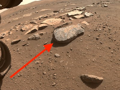 Near center of this image captured by the Perseverance rover on Mars is a large rock nicknamed Roche...