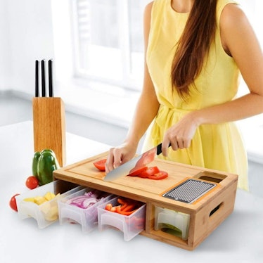 Comellow Bamboo Cutting Board with Containers, Lids, and Grater