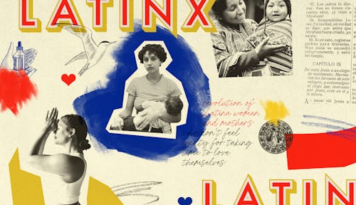A collage with Latinx mothers with their babies, doodles and various writings