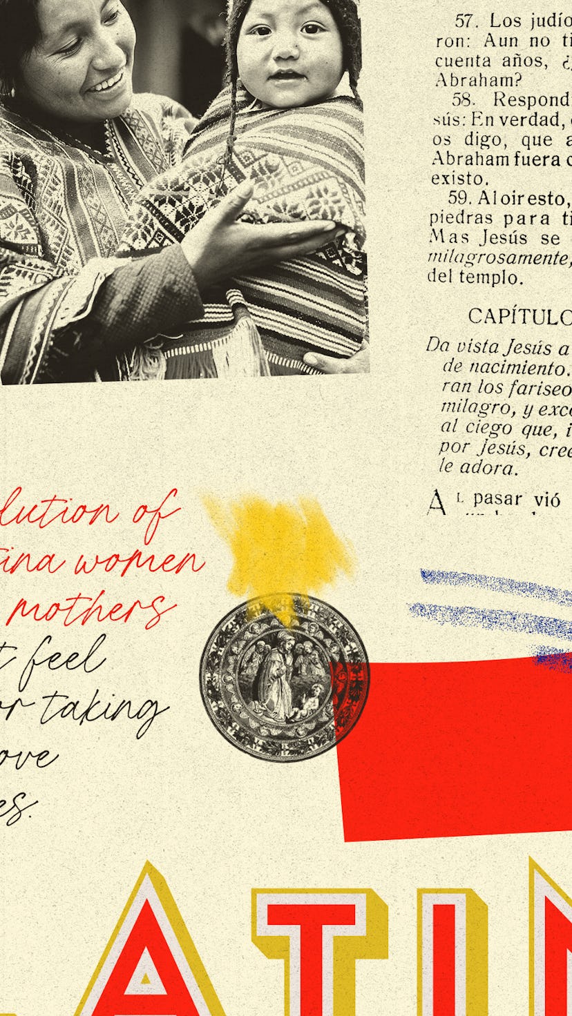 A collage with Latinx mothers with their babies, doodles and various writings