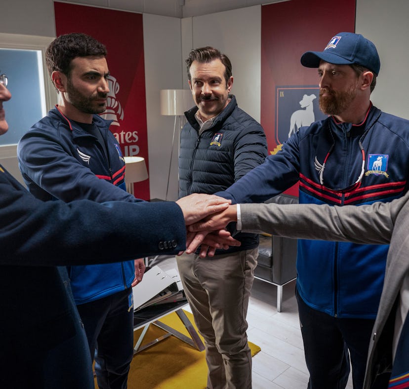 Jeremy Swift, Brett Goldstein, Jason Sudeikis, Brendan Hunt and Nick Mohammed in 'Ted Lasso' Season ...