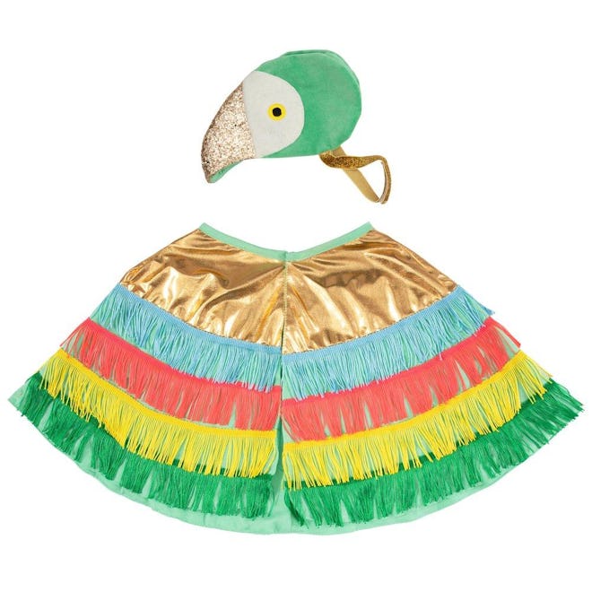 kids parrot costume featuring colorful fringey cape and glitter beak hat