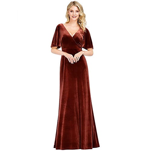 Ever-Pretty Long Trumpet Sleeve V-Neck Velvet Dress