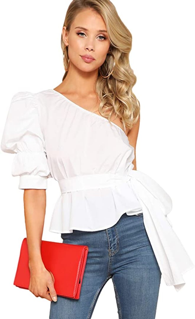 Romwe One Shoulder Short Puff Sleeve Top