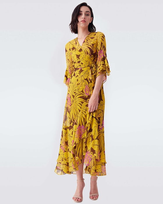 Jean Chiffon-Blend Wrap Dress in Palm Yellow