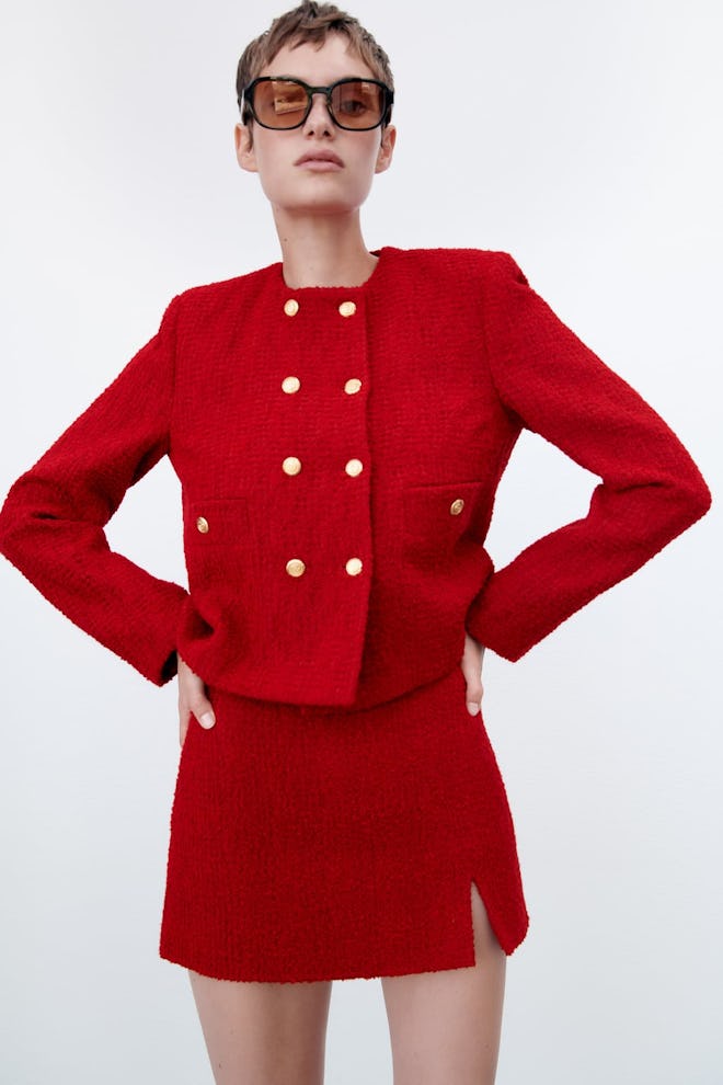 Textured Double Breasted Jacket and Slit Skirt