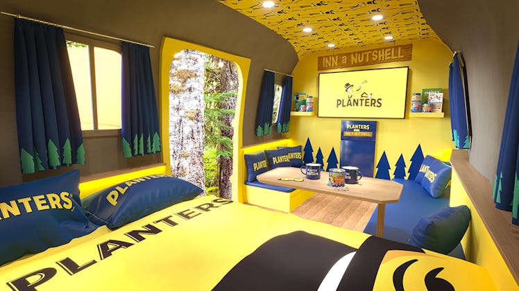 The inside of the peanut camper from Planters' Inn a Nutshell experience has a Mr. Peanut bed and to...