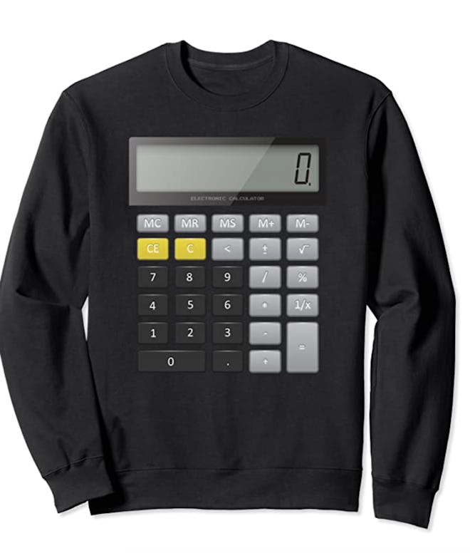 black crewneck sweatshirt with realistic calculator graphic