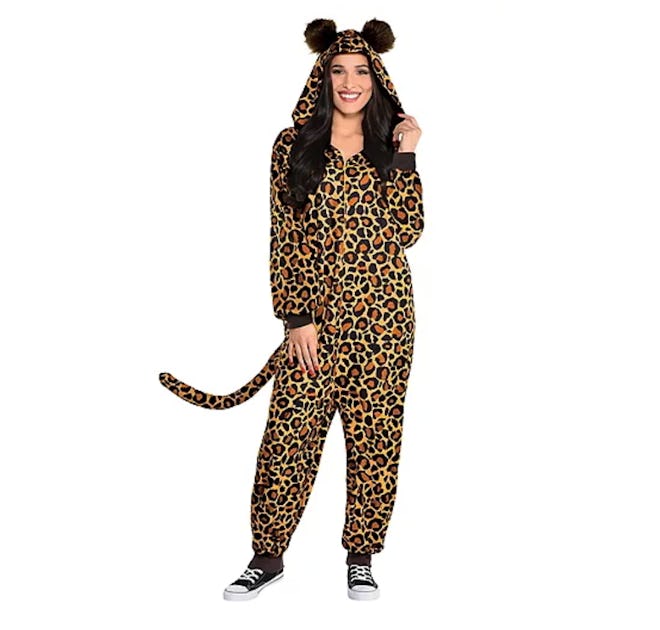 one piece fleece zip up leopard print costume for adults