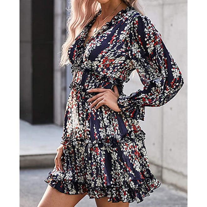 Dokotoo Plunge Ruffle Long Sleeve Floral Dress
