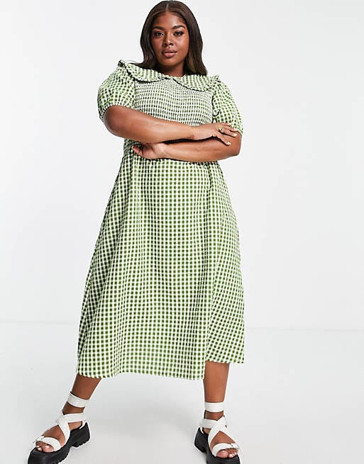 Neon Rose Plus Size Midi Dress with Shirred Bodice and Oversized Collar