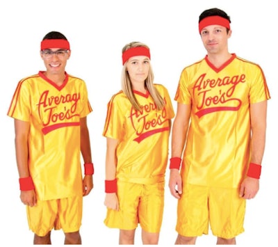 Three adults wearing Average Joes costumes