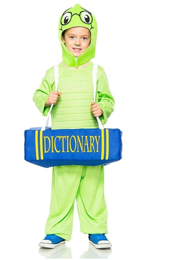 child's green "book worm" costume featuring a fuzzy worm coming out of a dictionary