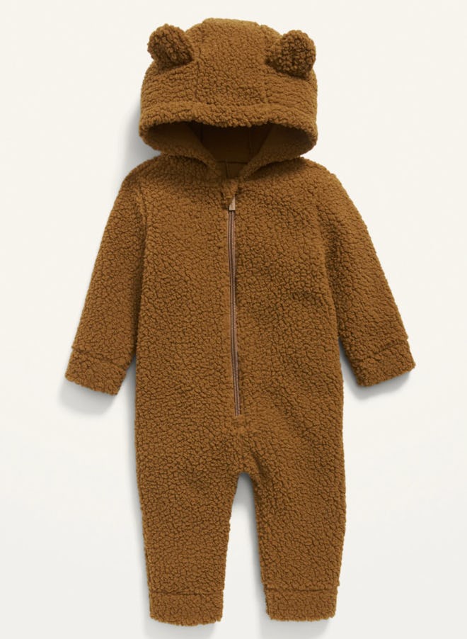 brown fleece baby onesie with bear ears on hood