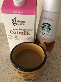 My morning coffee, oat milk and, pumpkin spice creamer 
