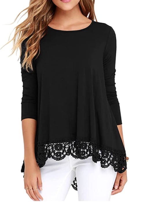 QIXING Long Sleeve Lace Trim Tunic