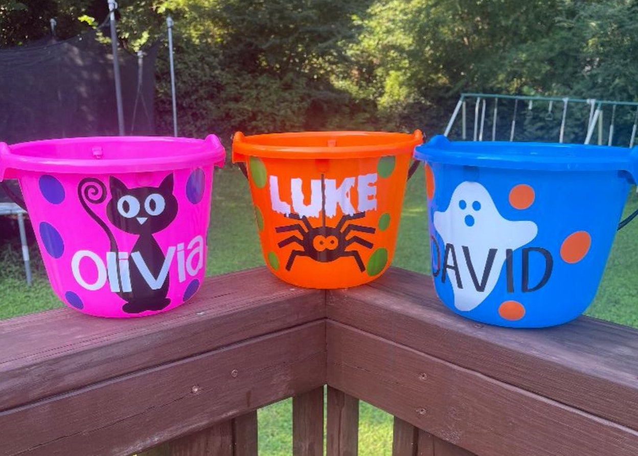 Choose The Color Metal Pail Bucket Basket Bag for Girls and Boys Personalized Halloween Spider Web Name Pail