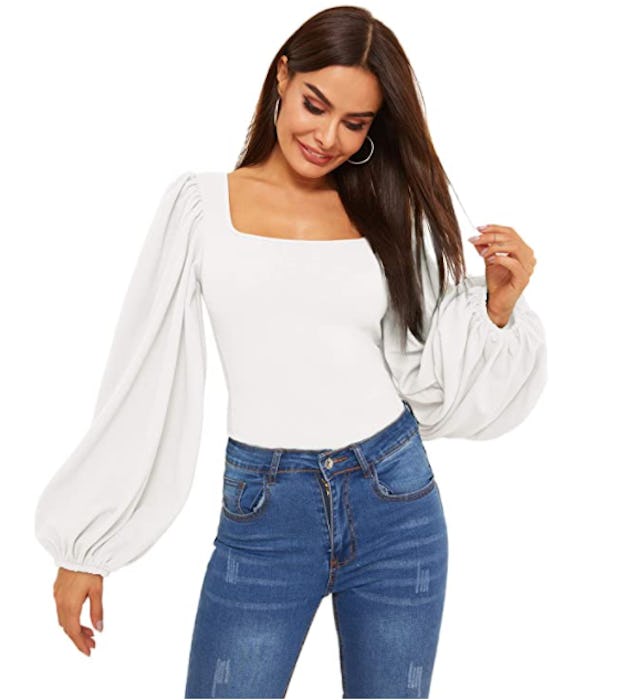 Romwe Long Puff Sleeve Square Neck Blouse