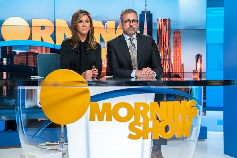 Jennifer Aniston as Alex Levy & Steve Carell as Mitch Kessler in 'The Morning Show' Season 1 via App...