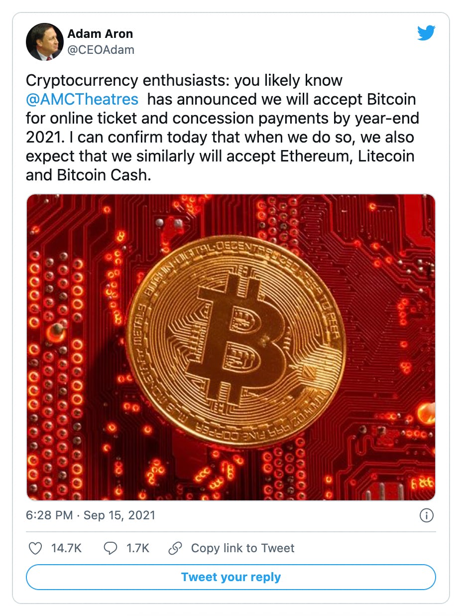 Alongside bitcoin, AMC plans to accept three other cryptocurrencies