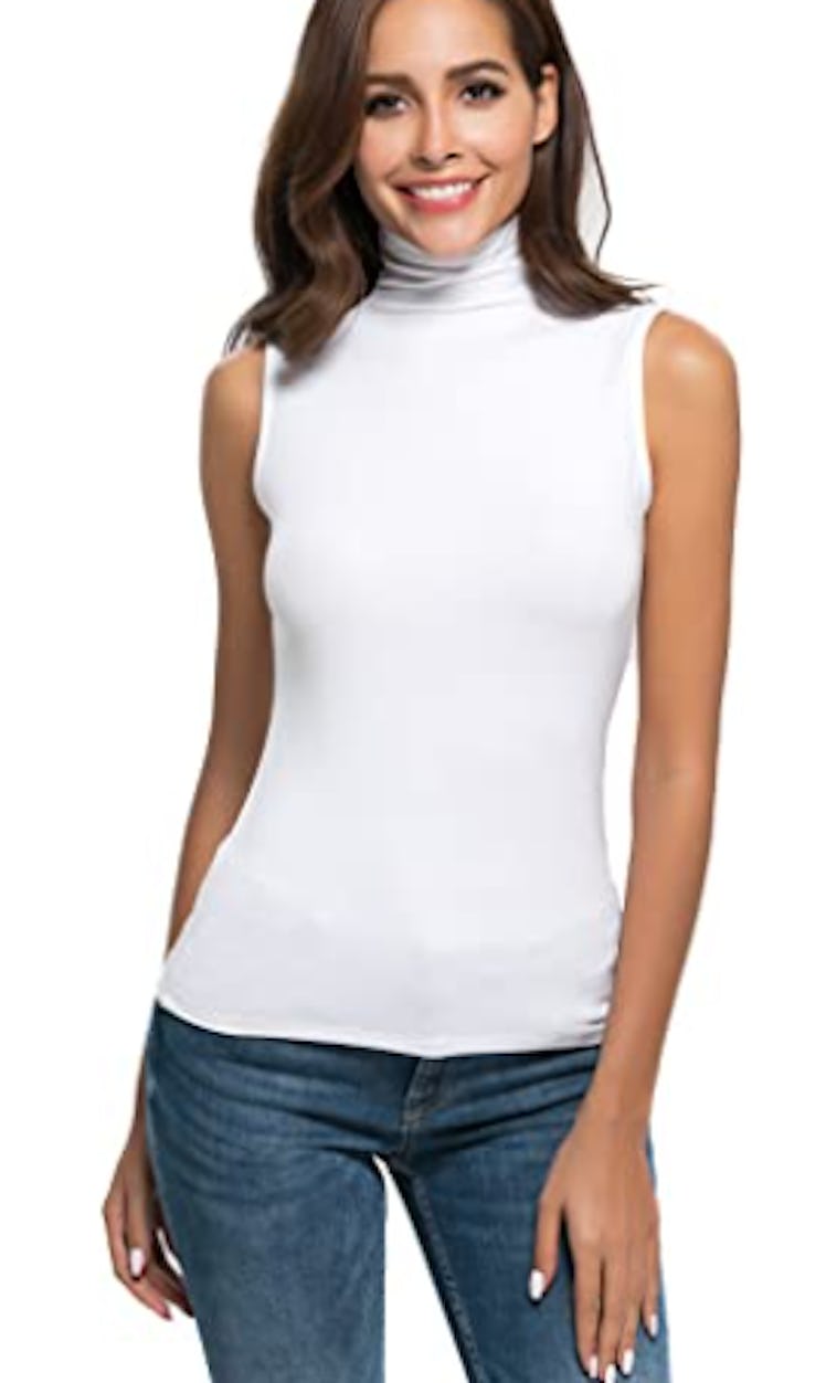 white sleeveless turtleneck tank top