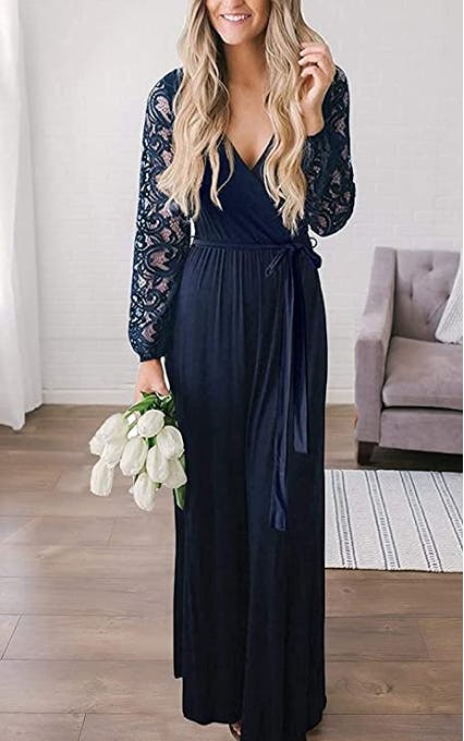 Zattcas Floral Lace Long Sleeve Faux Wrap Maxi Dress