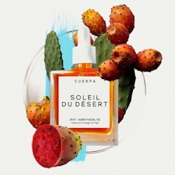 Collage of a Cuerpa Soleil Du Desert anti-aging face oil bottle and cactus branches