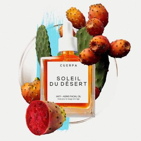 Collage of a Cuerpa Soleil Du Desert anti-aging face oil bottle and cactus branches