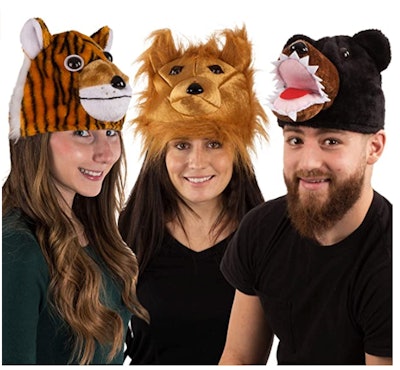 Three adults wearing lion, tiger, and bear hats