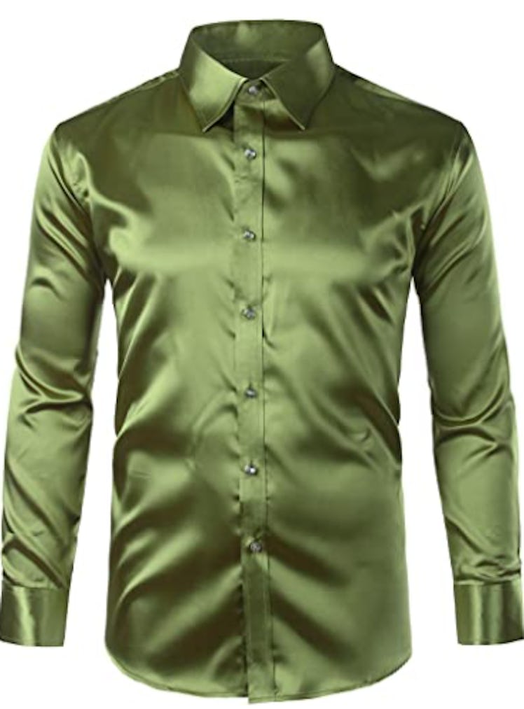 Men's long-sleeve green silk dress shirt 
