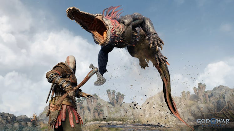 God of War Ragnarok fighting a giant lizard that is coming at him from the sky 