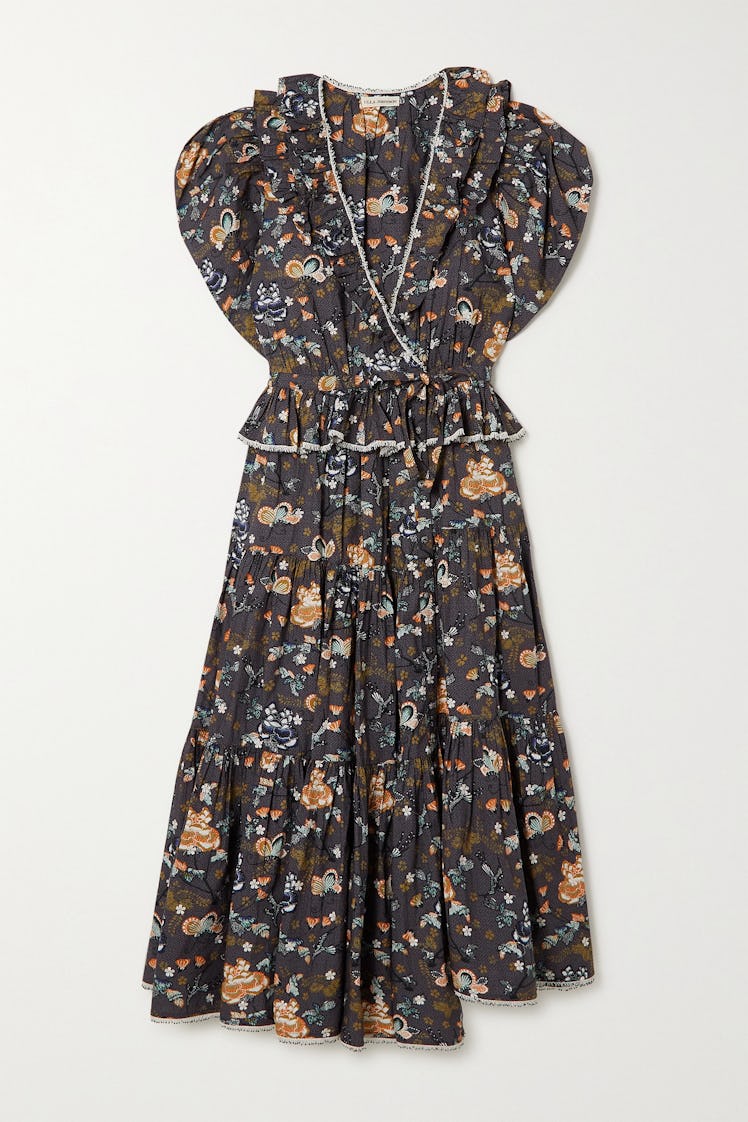 Olga Ruffled Asymmetric Floral-Print Cotton-Poplin Midi Dress
