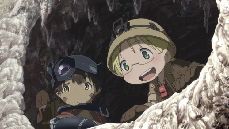 Two characters from "Made in Abyss" looking through a hole