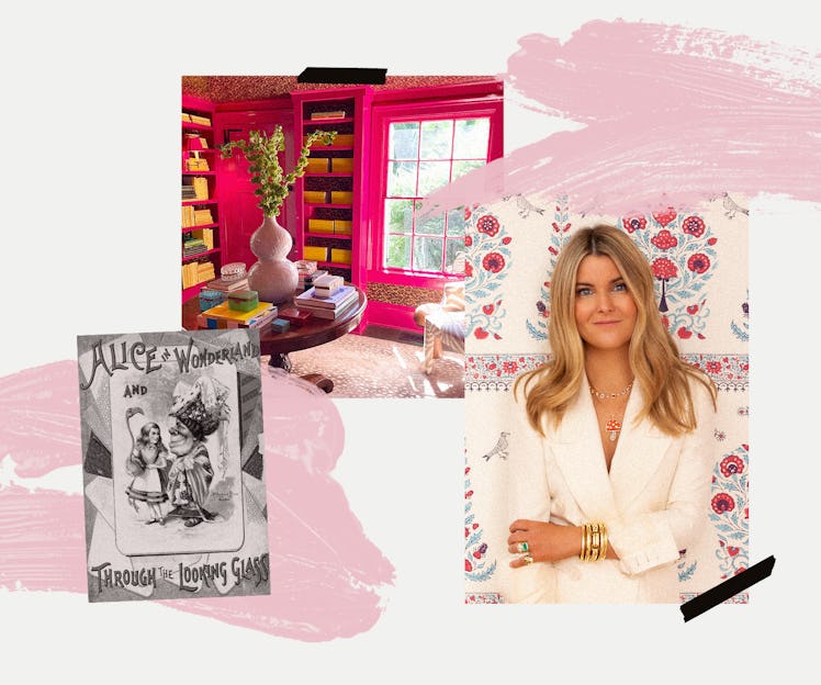 Collage of Brent Neale, her pink home library, and a book with a black and white cover