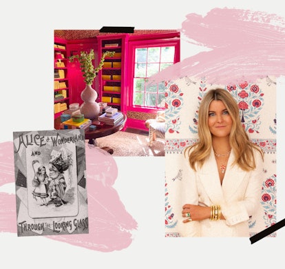 Collage of Brent Neale, her pink home library, and a book with a black and white cover