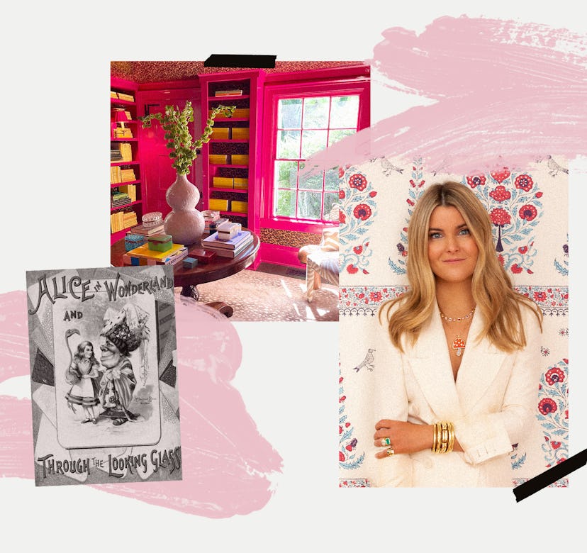 Collage of Brent Neale, her pink home library, and a book with a black and white cover