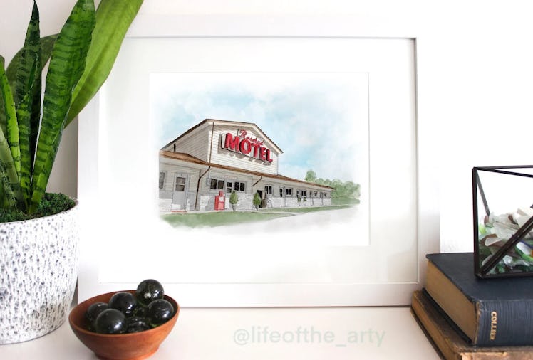 You can get this Rosebud Motel watercolor print for your 'Schitt's Creek' Halloween boo basket.
