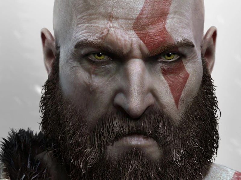 A closeup of the God of War Ragnarok with red face paint looking angry