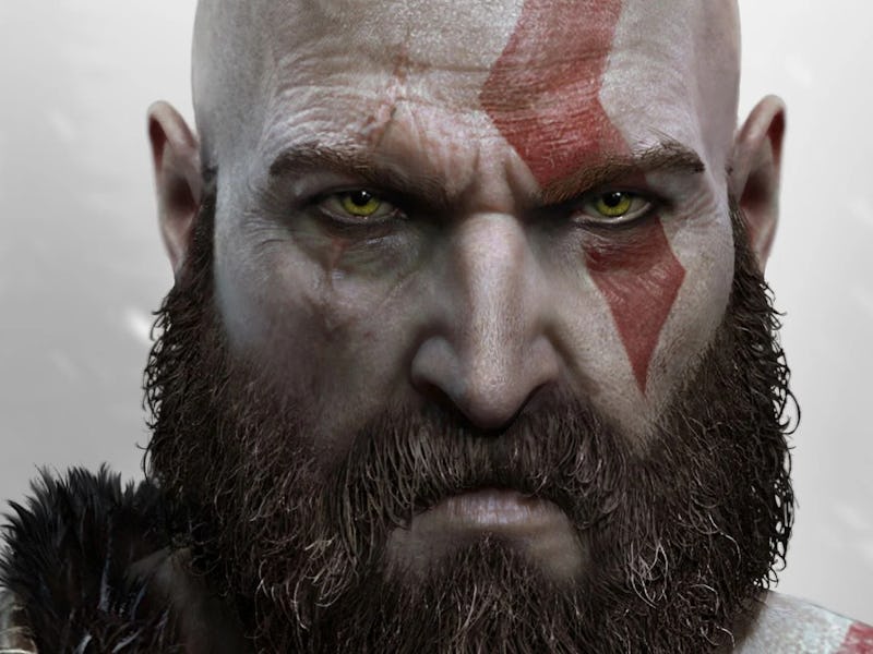 A closeup of the God of War Ragnarok with red face paint looking angry 