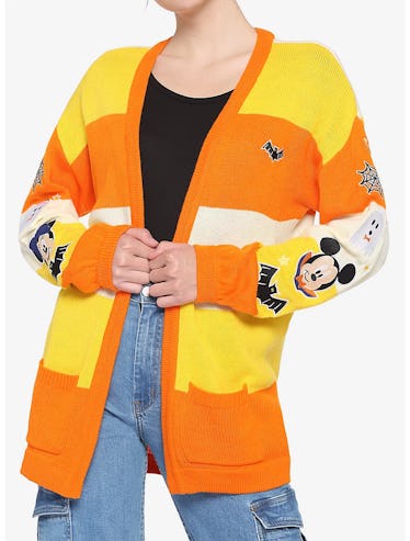 Hot Topic and Disney's Mickey Mouse Halloween Candy Corn Stripe Girls Open Cardigan.