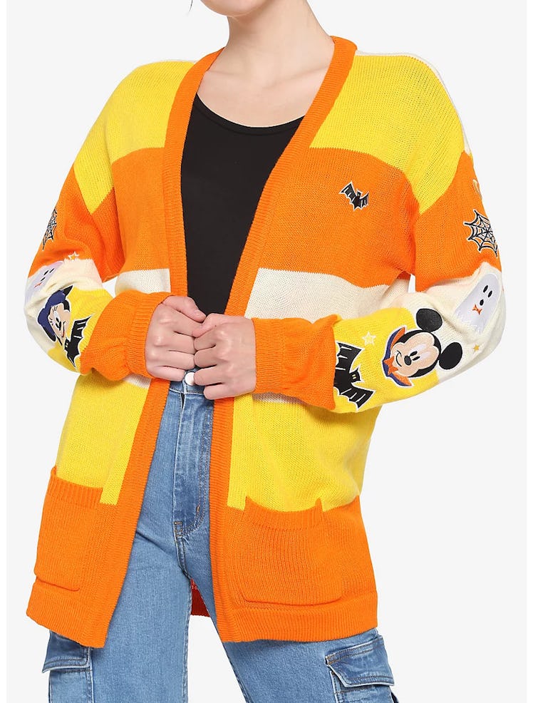 Hot Topic and Disney's Mickey Mouse Halloween Candy Corn Stripe Girls Open Cardigan.