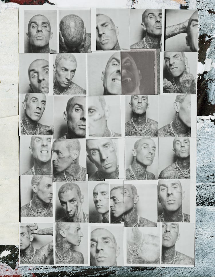 A collage of black and white Polaroid-style photos of NYLON cover star Travis Barker.