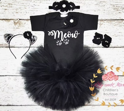 Tutu cat costume with body suit that says meow