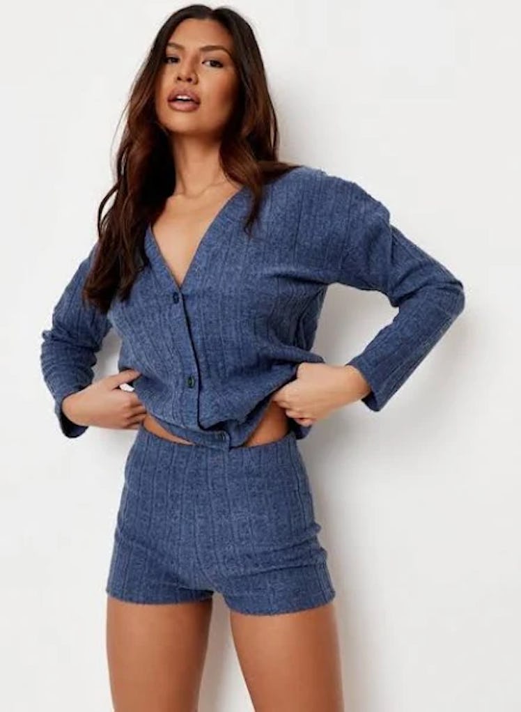Blue Cardigan and Shorts Soft Knit Loungewear Set